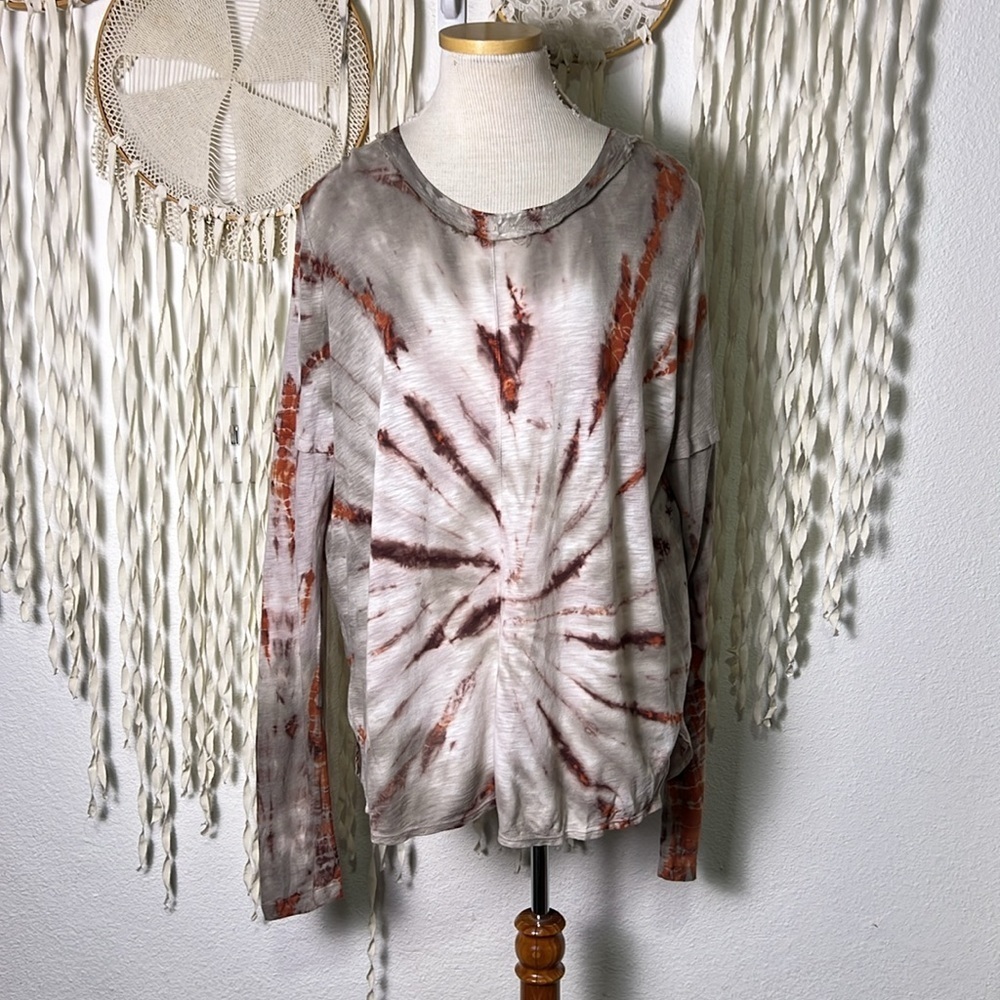 XCVI Gray and Rust Tie Dye Print Long Sleeve Tunic Top M